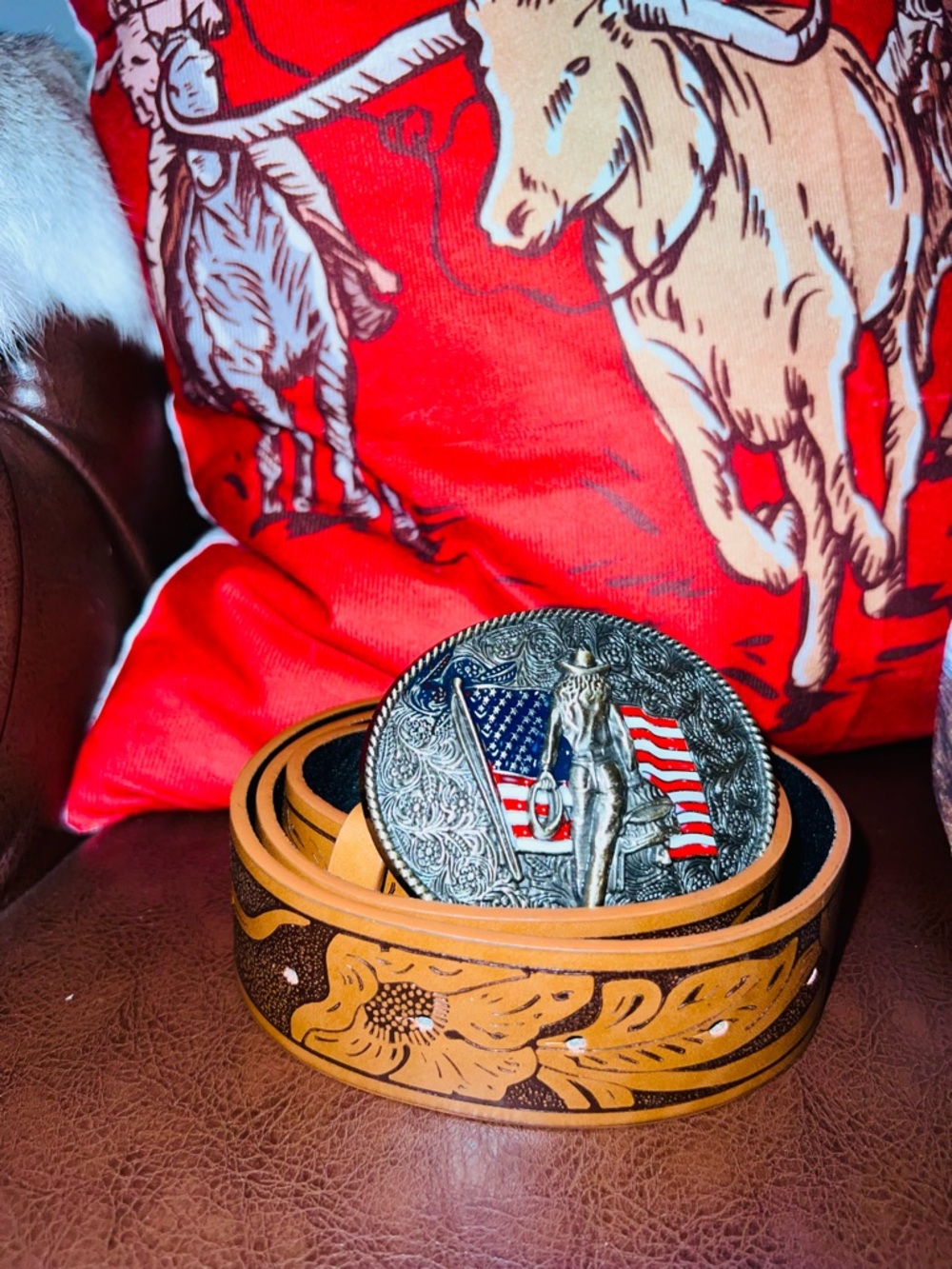 Decorative Western Leather Belt with Patriotic Silver Buckle - Tan